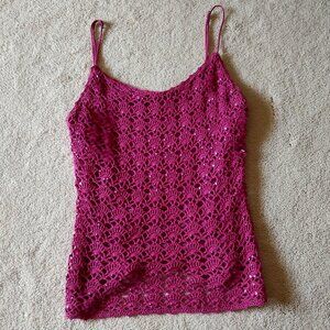 Vintage Betsey Johnson Pink Crochet Sequin Spaghetti Strap Top-S-M